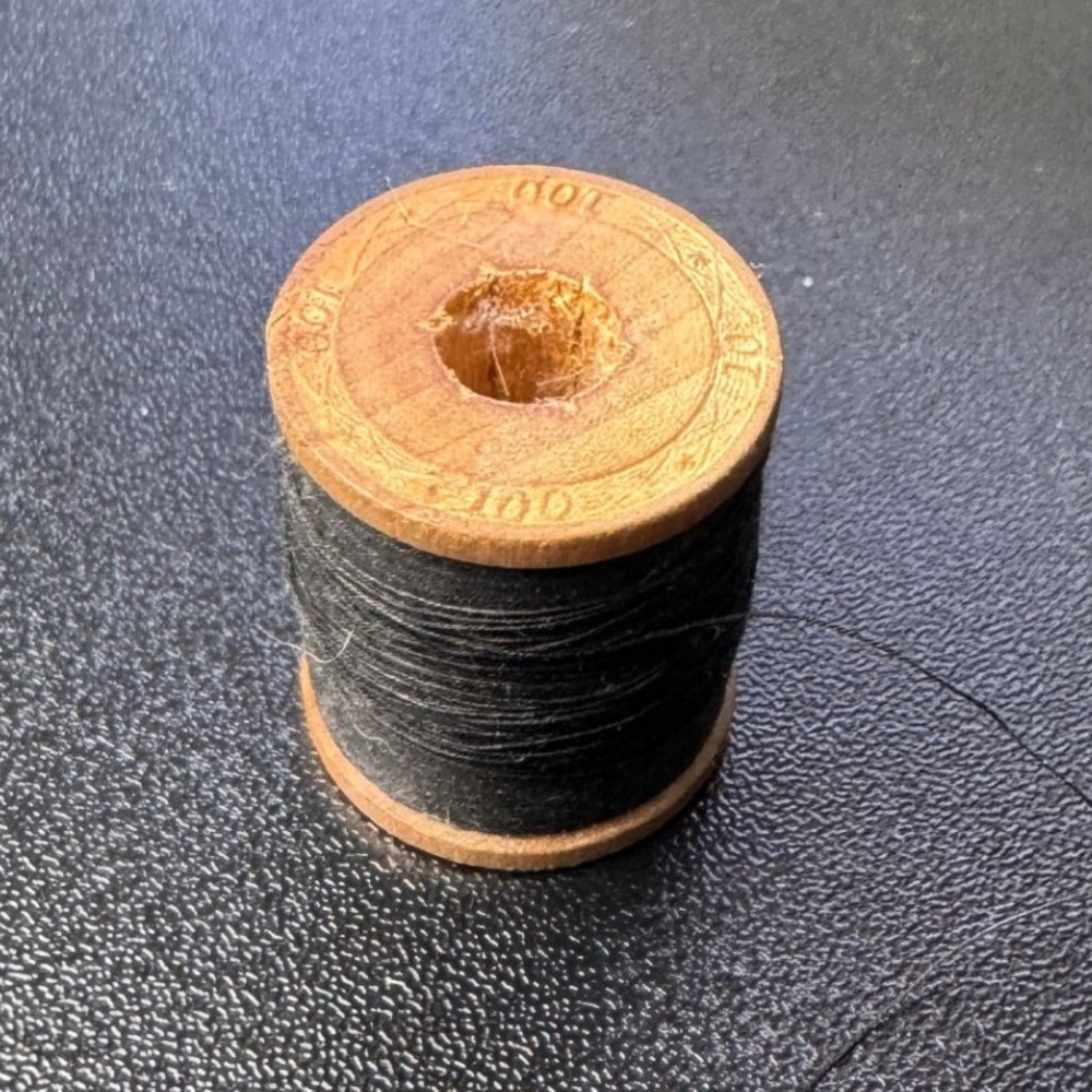 Vintage Wooden Thread Spool Black Cotton Thread Size 100 Stamped Etched Detail